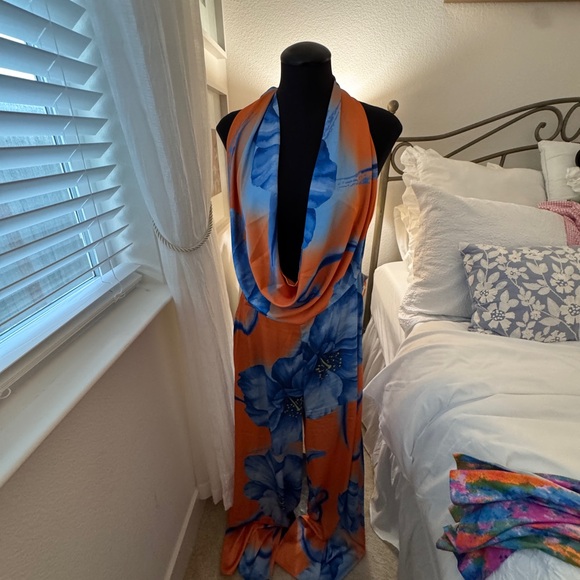 Vibrant Orange and Blue Satin Floral Wide Leg Jumpsuit - Picture 3 of 7